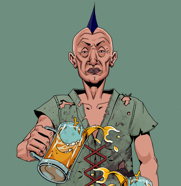 Goro — Degen Dojo NFT art (Shirtless Runt, Olive Green, Degens, Dirty Peasant Rags, Goro, Mohawk Spike, Beer Splash, Mint)