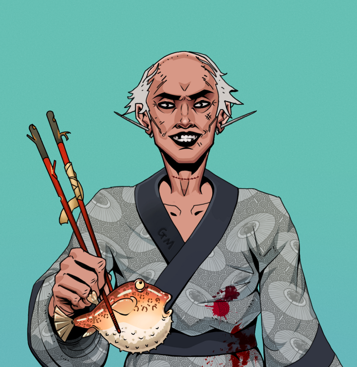 Junichiro Reborn — Degen Dojo NFT art (Nails, Teal Daytime, Degens, Loose Parasol Kimono, Junichiro Reborn, Shirtless Runt, Kung Fu Master, Frightened Fugu, Mint)