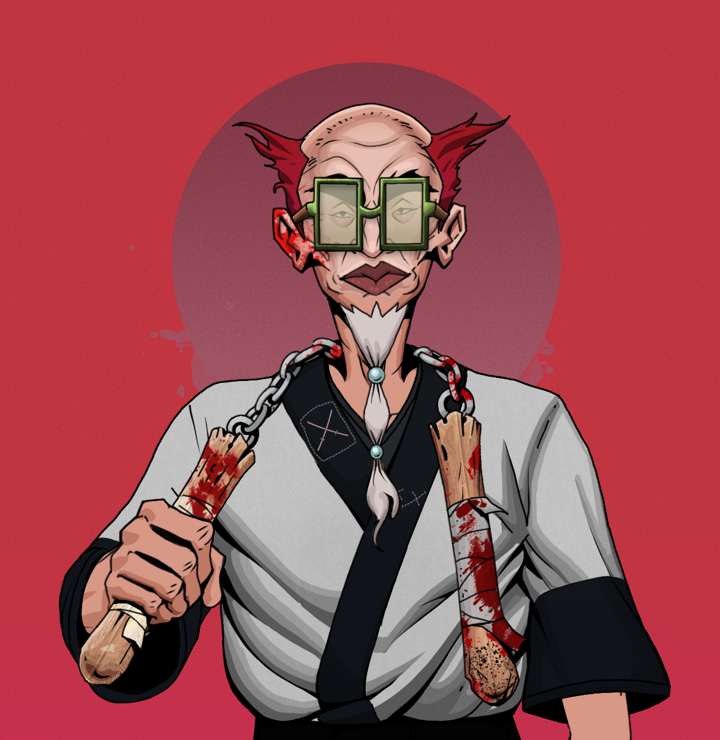 Yuji The Wise — Degen Dojo NFT art (Shirtless Runt, Red High Moon, Degens, Katana Kimono, Yuji The Wise, Shoji Glasses, Red Heihachi, Bloody Nunchucks, Mint)