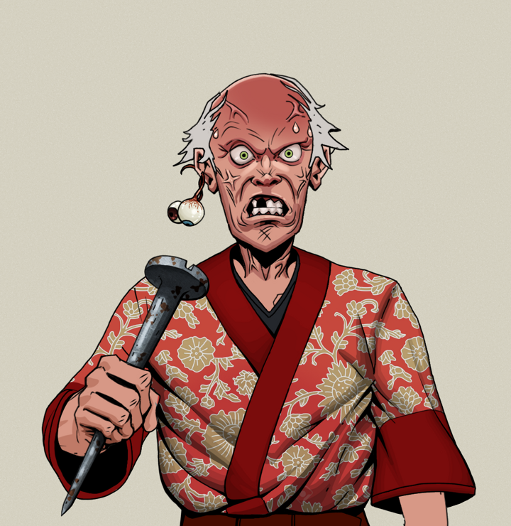 Angry Ikari — Degen Dojo NFT art (Shaman Eyes, Warm Grey, Degens, Silken Sunflower Kimono, Angry Ikari, Shirtless Runt, Kung Fu Master, Rusty Nail, Mint)