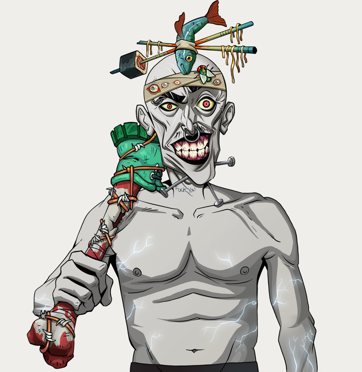 Junichiro — Degen Dojo NFT art (Shirtless Runt, Warm Grey, Demons, Junichiro, Hair Bun With Chopsticks, Spiky Femur, Mint)