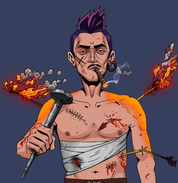 Raikou The Stoner — Degen Dojo NFT art (Wooden Loop, Blue Evening, Degens, Bloody Mess, Raikou The Stoner, Shirtless Runt, Yakuza Hooligan, Rusty Nail, Mint)