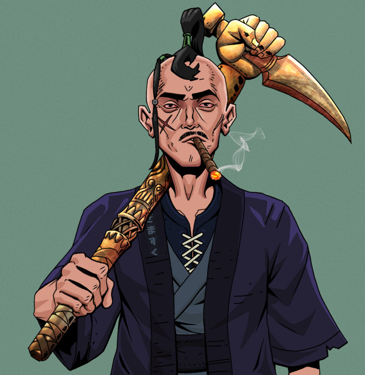 Raikou The Stoner — Degen Dojo NFT art (Shirtless Runt, Olive Green, Degens, Daimyo Warrior Kimono, Raikou The Stoner, Dejen Samurai, Bronze Fisted Sickle, Mint)
