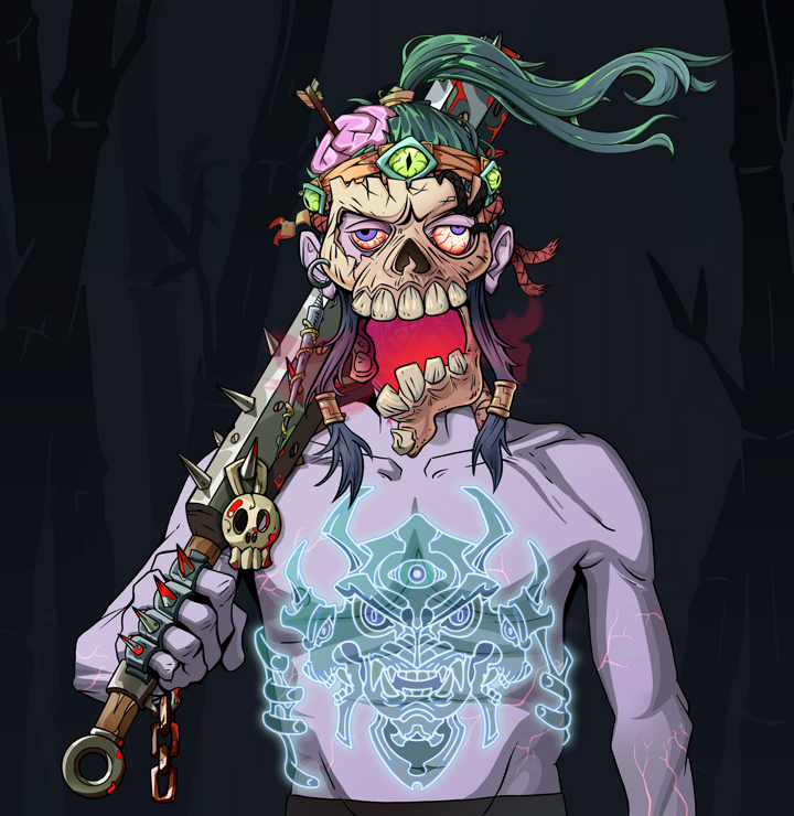 Raikou The Stoner — Degen Dojo NFT art (Shark Tooth, Night Forest, Demons, Blue Oni Tattoo, Raikou The Stoner, Hannya Half Mask, Green Bandana, Yakuza Club, Mint)