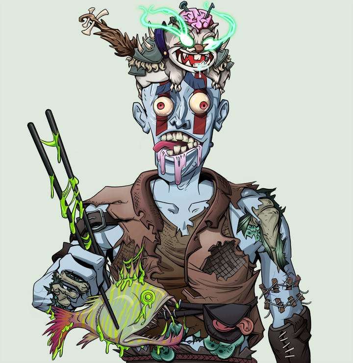 Drooling Azuma — Degen Dojo NFT art (Shirtless Runt, Olive Green, Demons, Yellow Flowers Silk Kimono, Drooling Azuma, Mr. Momonga Hat, Frightened Fugu, Mint)