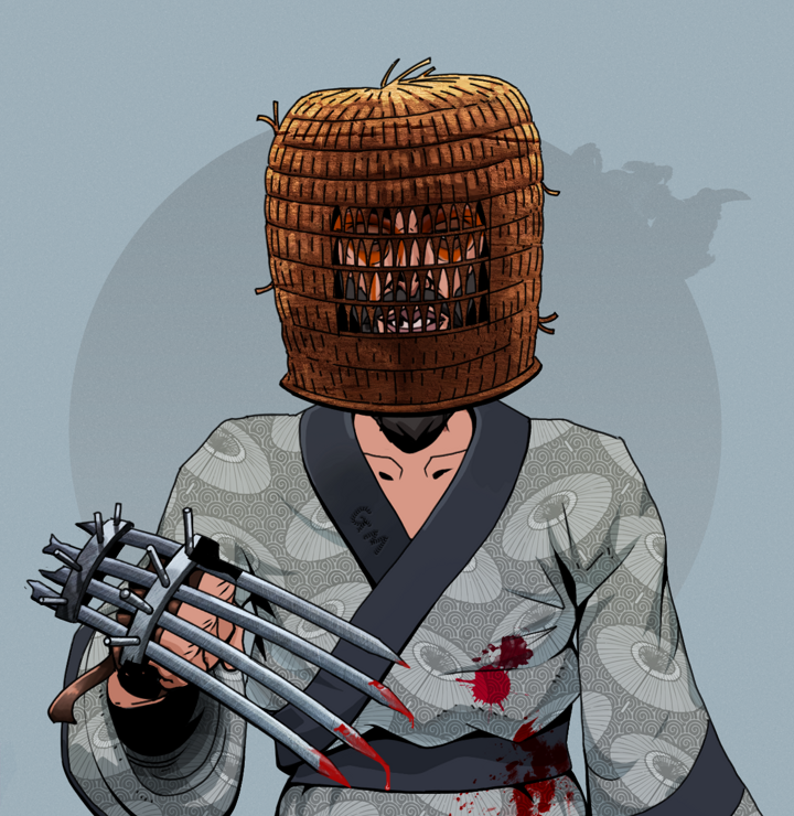 Oleg Of War — Degen Dojo NFT art (Shirtless Runt, Grey Mist, Degens, Loose Parasol Kimono, Oleg Of War, Tengai Basket, Tekko-Kagi Claws, Mint)
