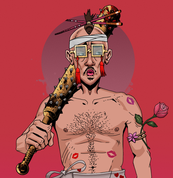 Masumi Steel — Degen Dojo NFT art (Shirtless Runt, Red High Moon, Degens, Womanizer, Masumi Steel, Shoji Tassel Glasses, Hair Bun With Chopsticks, Yakuza Club, Mint)
