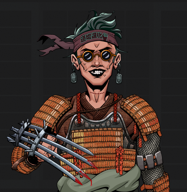 Junichiro Reborn — Degen Dojo NFT art (Iron Earrings, Shoji Night, Degens, Tatami Tosei Gusoku, Junichiro Reborn, Dark Spectacles, Degen Dojo Headband, Tekko-Kagi Claws, Mint)