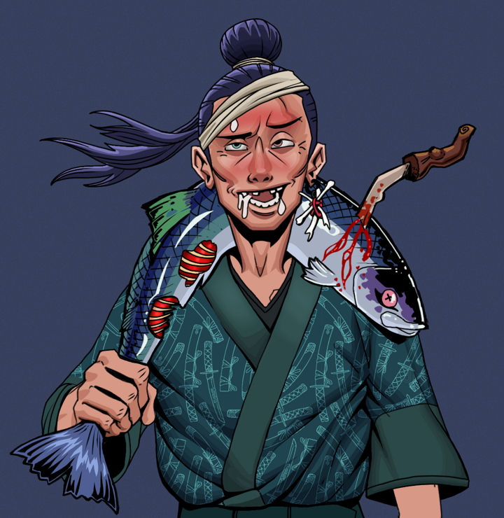 Yuuki — Degen Dojo NFT art (Finger Bones, Blue Evening, Degens, Katanajamas Kimono, Yuuki, Shirtless Runt, Long Flowing, Dead Fish, Mint)