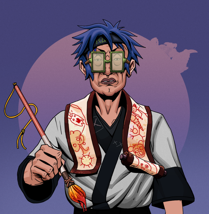 Goro — Degen Dojo NFT art (Shirtless Runt, Purple Night, Degens, Katana Kimono, Goro, Shoji Glasses, Bum Headband Ruffian, Paintbrush, Mint)