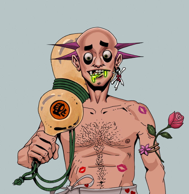 Toxic Azuma — Degen Dojo NFT art (Finger Bones, Light Grey, Degens, Womanizer, Toxic Azuma, Shirtless Runt, Dejen Mohawk, Giant Sake Bottle, Mint)