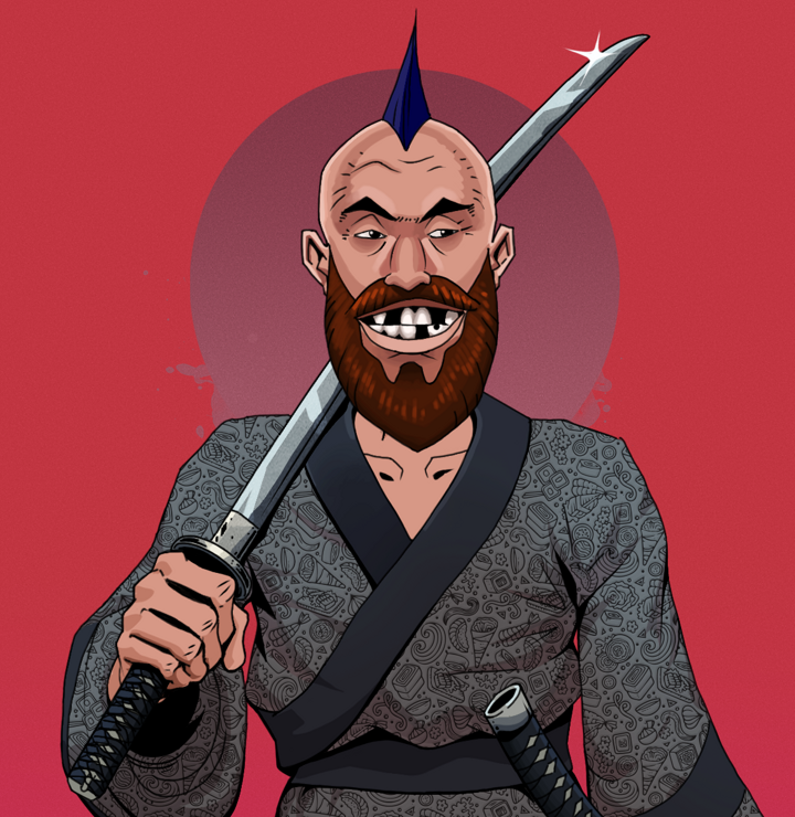 Igor The Bear — Degen Dojo NFT art (Shirtless Runt, Red High Moon, Degens, Sushi Love Loose Kimono, Igor The Bear, Mohawk Spike, Katana, Mint)