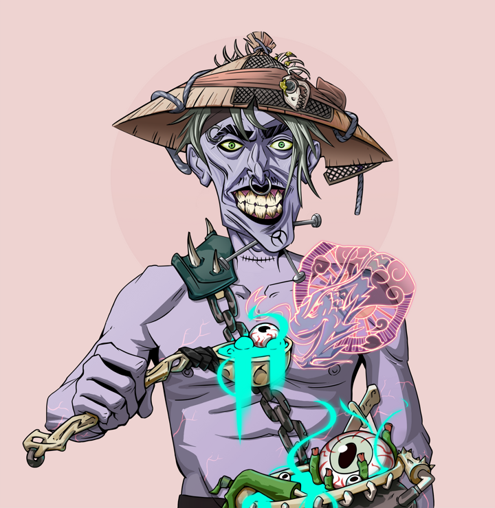 Junichiro Reborn — Degen Dojo NFT art (Shirtless Runt, Red High Moon, Demons, Dragon Head Tattoo, Junichiro Reborn, Wide Kasa Fisherman, Shaman Soup, Mint)