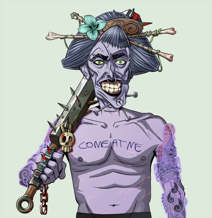 Junichiro Reborn — Degen Dojo NFT art (Shirtless Runt, Olive Green, Demons, Black Yakuza Sleeves, Junichiro Reborn, Disheveled Geisha, Yakuza Club, Mint)