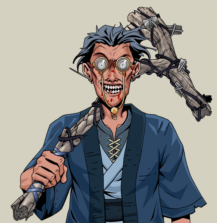 Assassin Fuzen — Degen Dojo NFT art (Nails, Warm Grey, Degens, Blue Warrior Kimono, Assassin Fuzen, Pompous Glasses, Wavy, Large Branch, Mint)