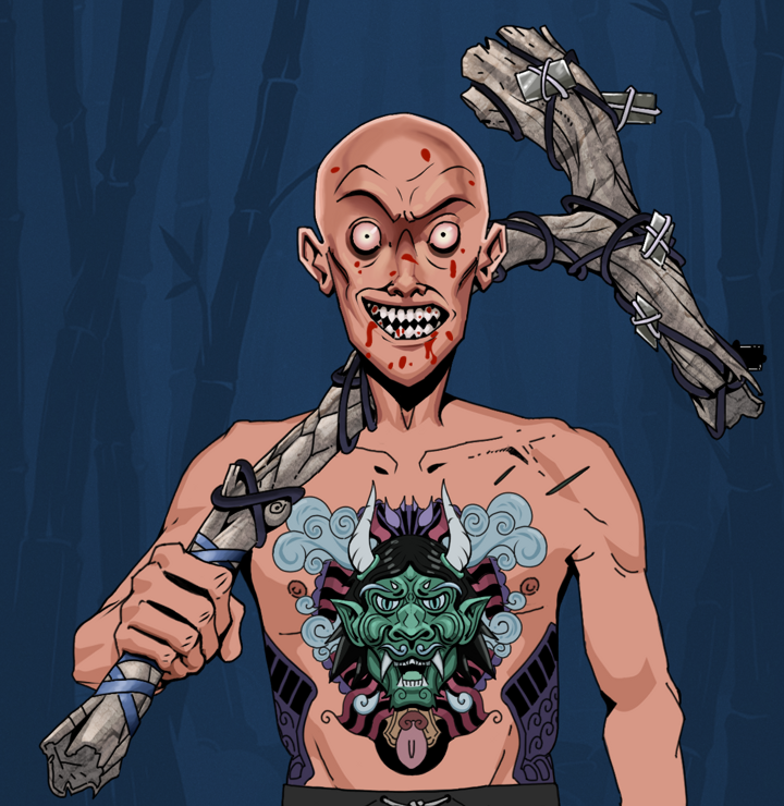 Assassin Fuzen — Degen Dojo NFT art (Shirtless Runt, Night Forest, Degens, Blue Oni Tattoo, Assassin Fuzen, Bald, Large Branch, Mint)