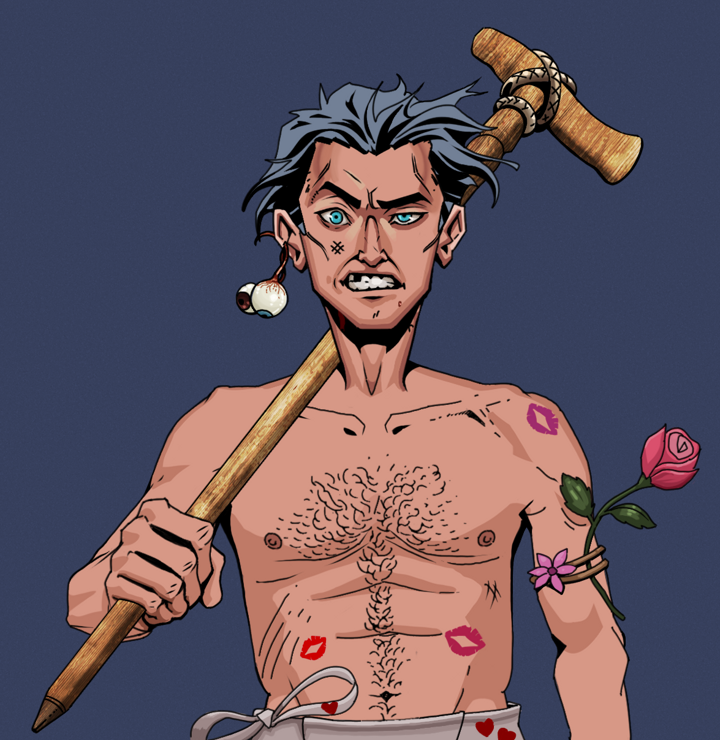 Akuma — Degen Dojo NFT art (Shaman Eyes, Blue Evening, Degens, Womanizer, Akuma, Shirtless Runt, Wavy, Wooden Walking Cane, Mint)