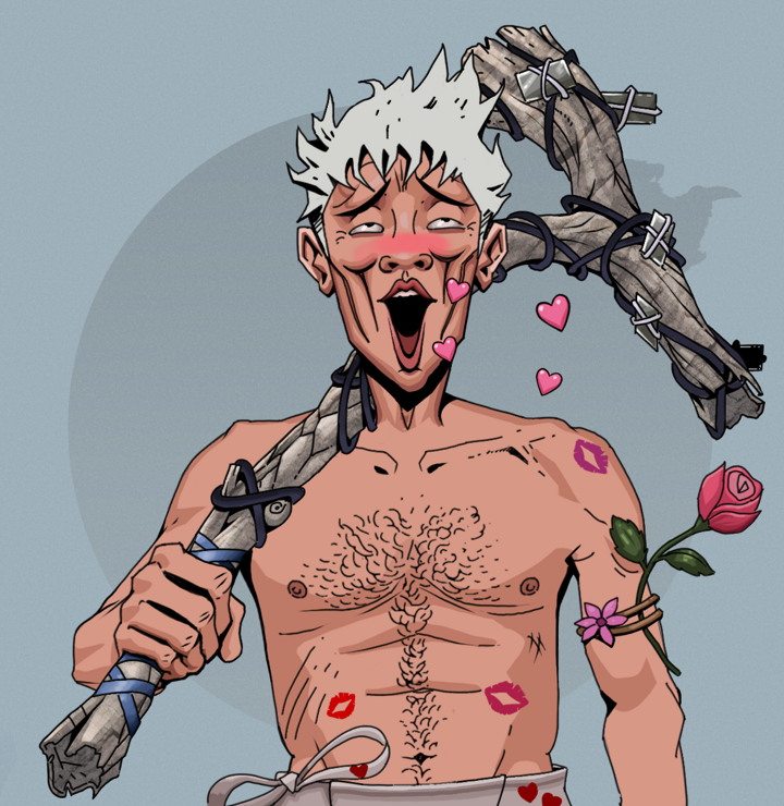 Lovey Haruto — Degen Dojo NFT art (Shirtless Runt, Grey Mist, Degens, Womanizer, Lovey Haruto, Short Spiky Grey, Large Branch, Mint)