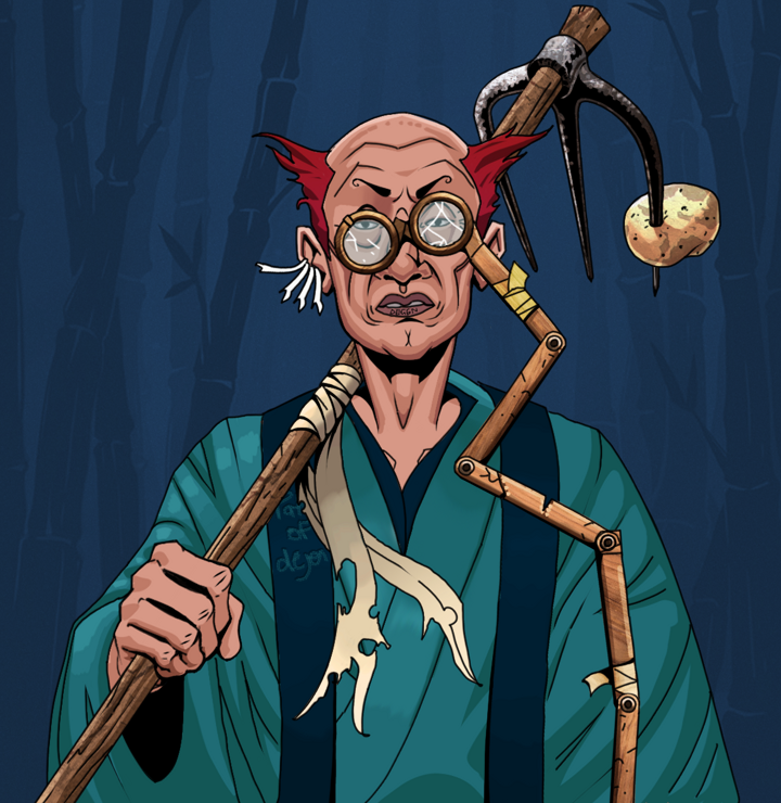 Goro — Degen Dojo NFT art (Chicken Bones, Night Forest, Degens, Dejen Apostate, Goro, Telescopic Glasses, Red Heihachi, Farmers Hoe, Mint)