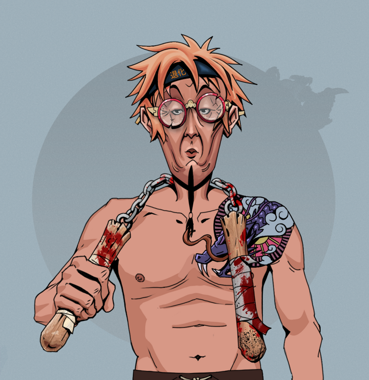 Edmundo — Degen Dojo NFT art (Shirtless Runt, Grey Mist, Degens, Dragon Head Tattoo, Edmundo, Broken Glasses, Tiger Headband Ruffian, Bloody Nunchucks, Mint)