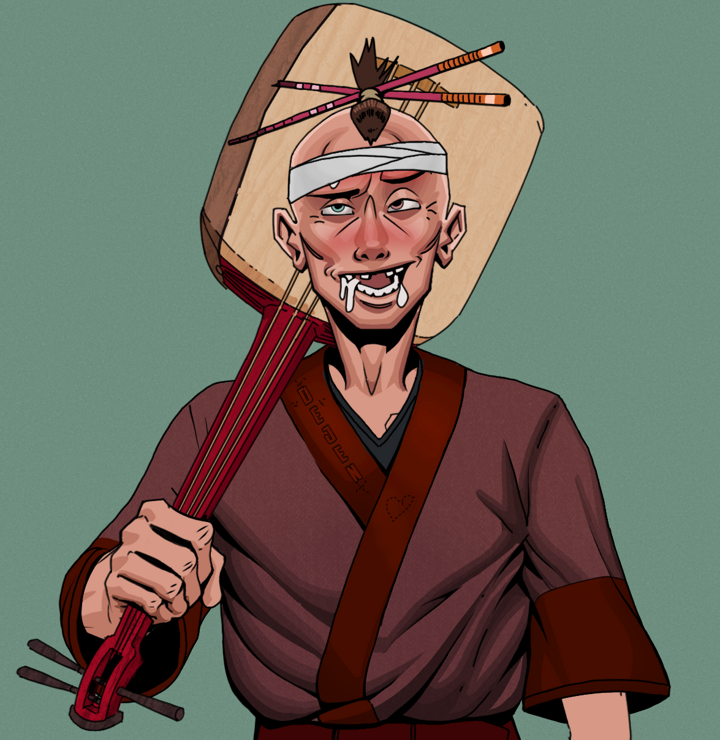 Yuuki — Degen Dojo NFT art (Shirtless Runt, Olive Green, Degens, Proud Dejen Kimono, Yuuki, Hair Bun With Chopsticks, Shamisen, Mint)