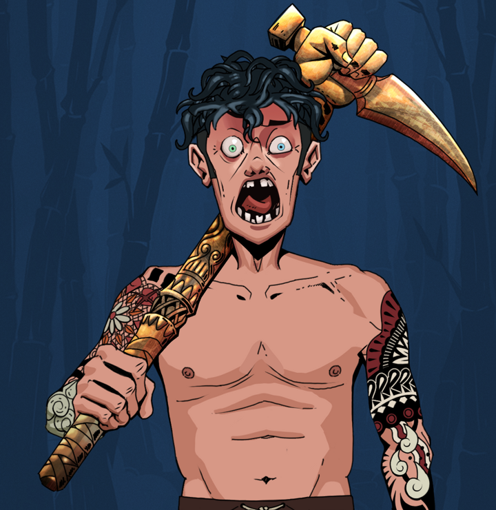 Tokuda — Degen Dojo NFT art (Shirtless Runt, Night Forest, Degens, Yakuza Tattoo Sleeves, Tokuda, Messy, Bronze Fisted Sickle, Mint)