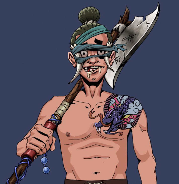 Drooling Azuma — Degen Dojo NFT art (Shirtless Runt, Blue Evening, Degens, Dragon Head Tattoo, Drooling Azuma, Tied Horns, Hair Bun, Broken Nagatina, Mint)