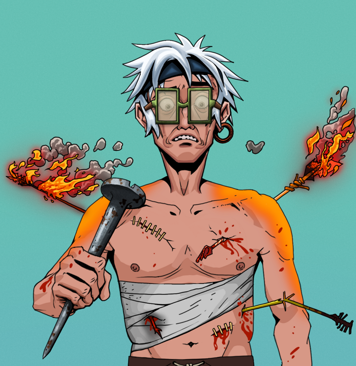 Shitless Botan — Degen Dojo NFT art (Wooden Loop, Teal Daytime, Degens, Bloody Mess, Shitless Botan, Shoji Glasses, White Ruffian, Rusty Nail, Mint)