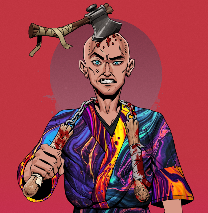 Akuma — Degen Dojo NFT art (Shirtless Runt, Red High Moon, Degens, Rainbow Kimono, Akuma, Splitting Axe Ache, Bloody Nunchucks, Mint)