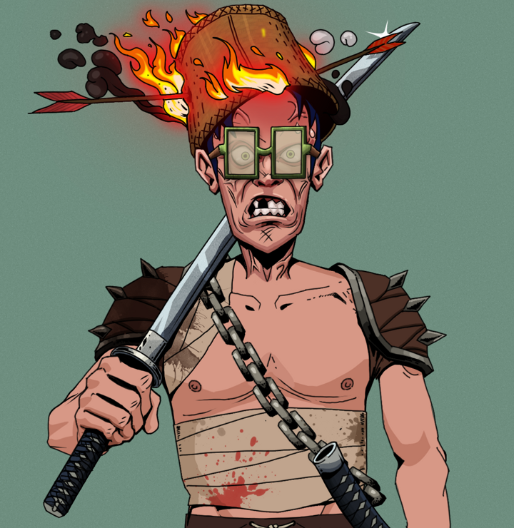 Angry Ikari — Degen Dojo NFT art (Shirtless Runt, Olive Green, Degens, Mercenary, Angry Ikari, Shoji Glasses, Burning Basket, Katana, Mint)