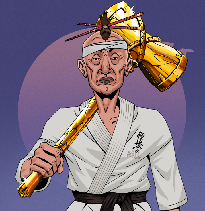 Goro — Degen Dojo NFT art (Shirtless Runt, Purple Night, Degens, Student Gi, Goro, Hair Bun With Chopsticks, Golden Warhammer, Mint)
