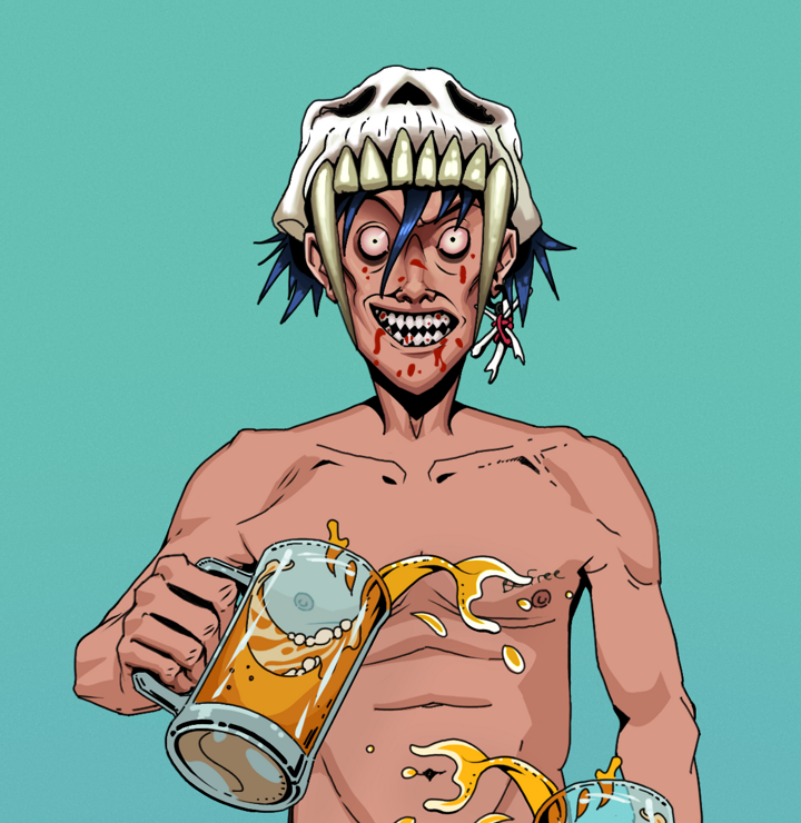 Assassin Fuzen — Degen Dojo NFT art (Finger Bones, Teal Daytime, Degens, Nudey Freak, Assassin Fuzen, Shirtless Runt, Sabertooth Skull, Beer Splash, Mint)
