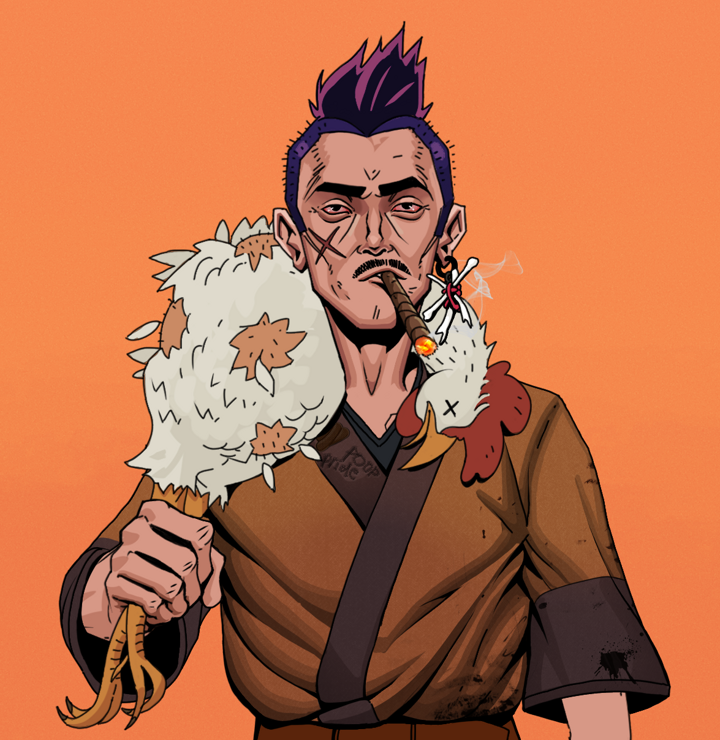 Raikou The Stoner — Degen Dojo NFT art (Finger Bones, Orange Afternoon, Degens, Poop Pride Kimono, Raikou The Stoner, Shirtless Runt, Yakuza Hooligan, Chicken, Mint)