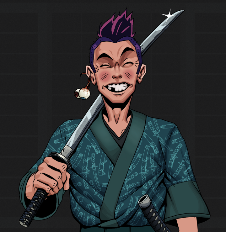 Cheery Haru — Degen Dojo NFT art (Shaman Eyes, Shoji Night, Degens, Katanajamas Kimono, Cheery Haru, Shirtless Runt, Yakuza Hooligan, Katana, Mint)