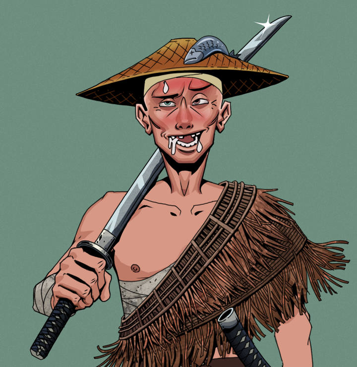Yuuki — Degen Dojo NFT art (Shirtless Runt, Olive Green, Degens, Dried Straw, Yuuki, Wide Kasa Fisherman, Katana, Mint)