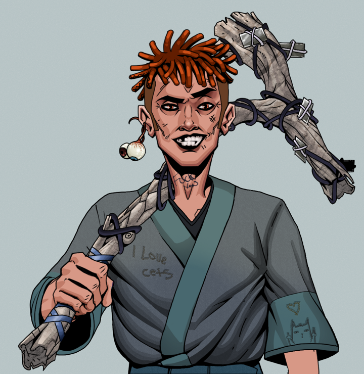 Junichiro — Degen Dojo NFT art (Shaman Eyes, Light Grey, Degens, Cet Kimono, Junichiro, Shirtless Runt, Orange Bantu Knots, Large Branch, Mint)