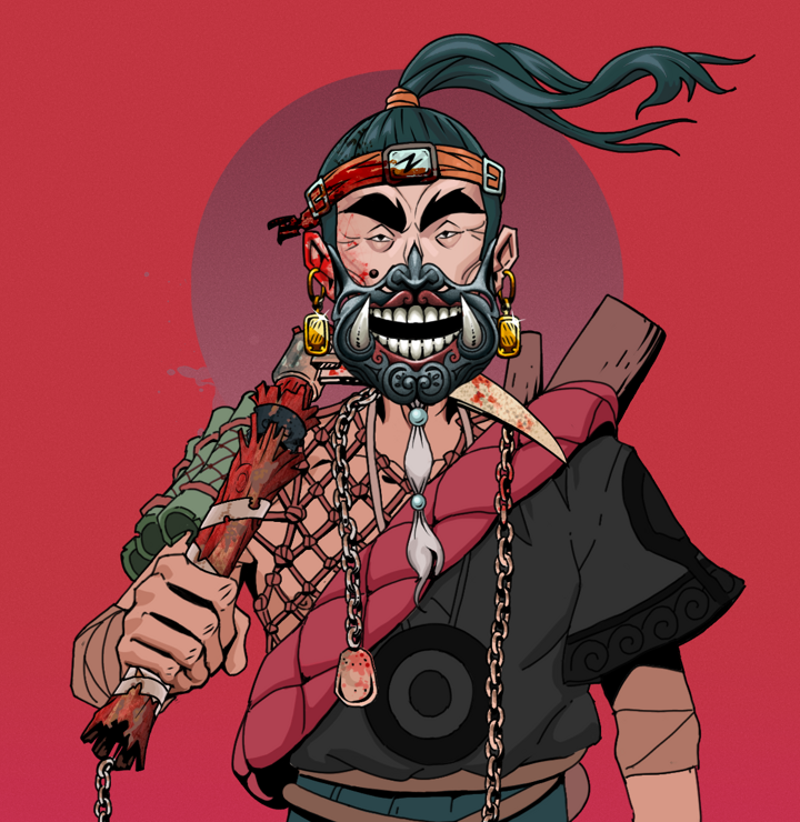 Yuji The Wise — Degen Dojo NFT art (Gold Earrings, Red High Moon, Degens, Village Leader, Yuji The Wise, Hannya Half Mask, Green Bandana, Rusty Kusarigama, Mint)
