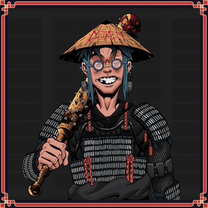 Cheery Haru — Degen Dojo NFT art (Iron Earrings, Shoji Night, Cheery Haru, Black Iron Tosei Gusoku, Degen, Spectacles, Degen Graffiti Rice Hat, Bleeding Power Slam, Yakuza Club, Framed)