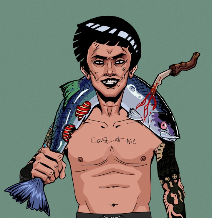 Junichiro Reborn — Degen Dojo NFT art (Shirtless Runt, Olive Green, Degens, Black Yakuza Sleeves, Junichiro Reborn, Rock Lee, Dead Fish, Mint)