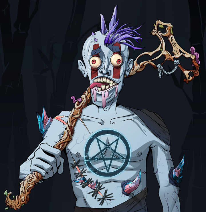 Drooling Azuma — Degen Dojo NFT art (Shirtless Runt, Night Forest, Demons, Recovering Alcoholic, Drooling Azuma, Yakuza Ruffian, Wooden Walking Cane, Mint)