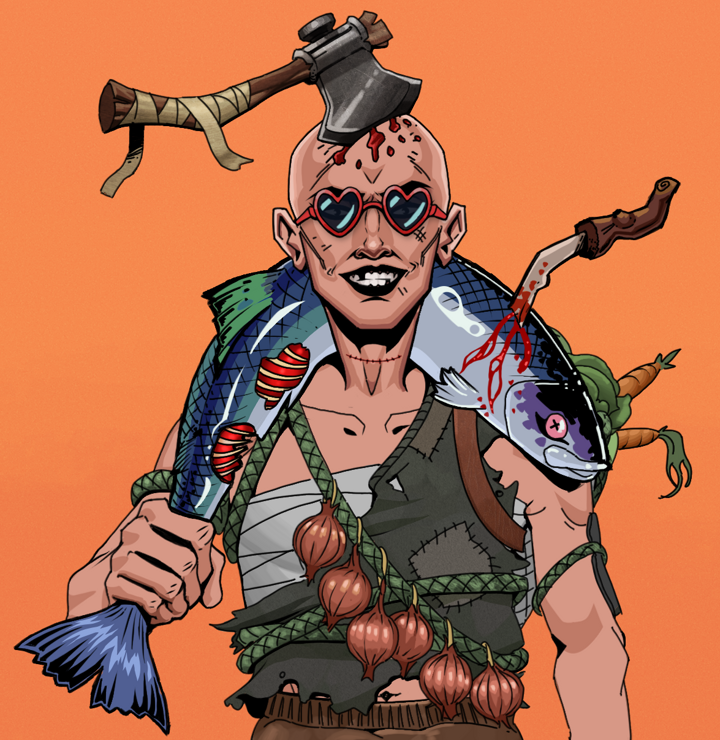 Junichiro Reborn — Degen Dojo NFT art (Shirtless Runt, Orange Afternoon, Degens, Farmer, Junichiro Reborn, Loveheart Shades, Splitting Axe Ache, Dead Fish, Mint)