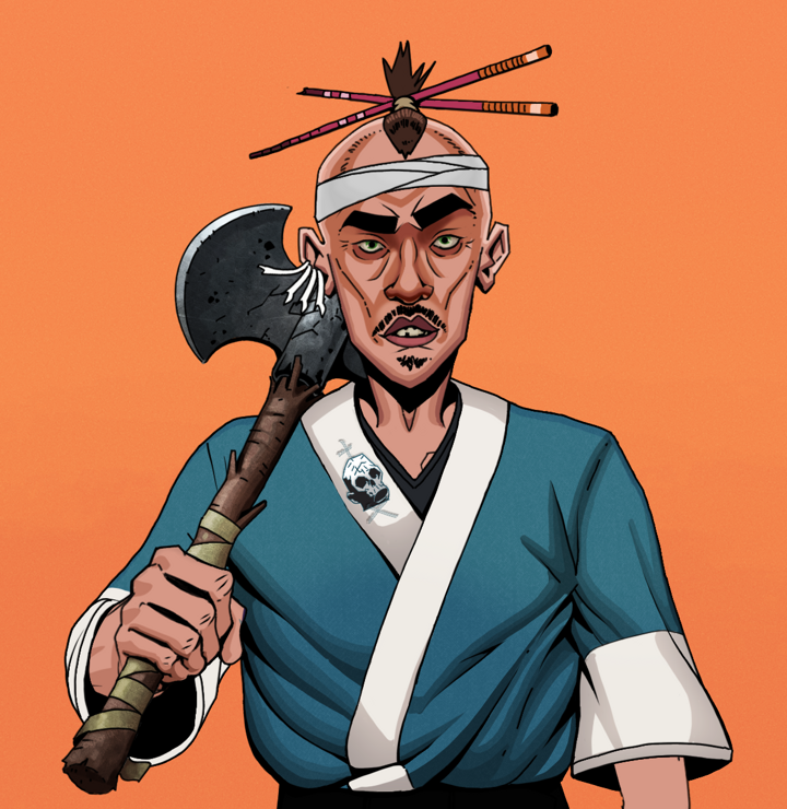 Gloomy Masumi — Degen Dojo NFT art (Chicken Bones, Orange Afternoon, Degens, Skull Kimono, Gloomy Masumi, Shirtless Runt, Hair Bun With Chopsticks, Axe, Mint)