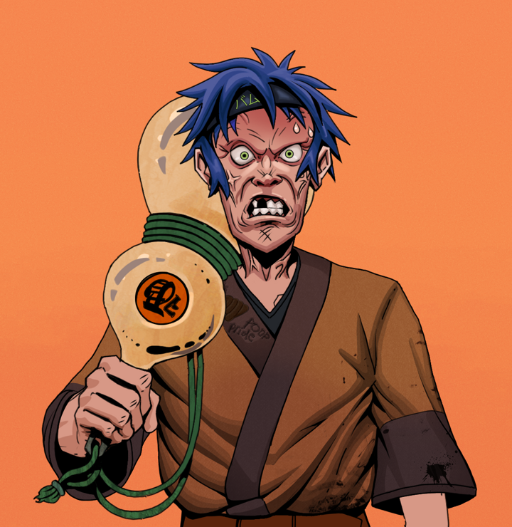 Angry Ikari — Degen Dojo NFT art (Shirtless Runt, Orange Afternoon, Degens, Poop Pride Kimono, Angry Ikari, Bum Headband Ruffian, Giant Sake Bottle, Mint)