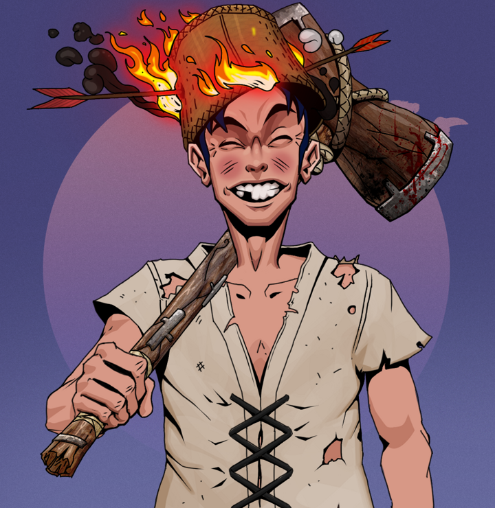 Cheery Haru — Degen Dojo NFT art (Shirtless Runt, Purple Night, Degens, Rice Sack Rags, Cheery Haru, Burning Basket, Wooden Warhammer, Mint)