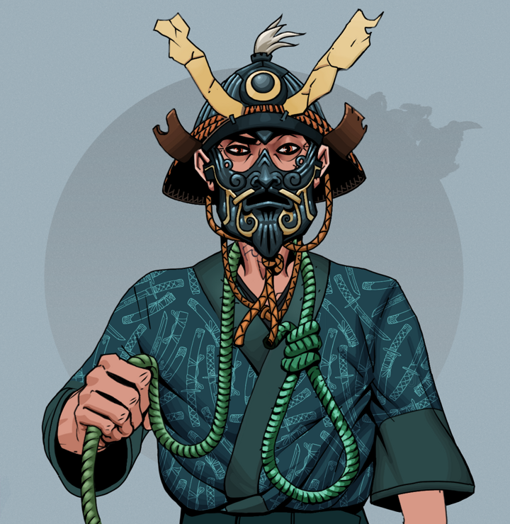 Junichiro — Degen Dojo NFT art (Shirtless Runt, Grey Mist, Degens, Katanajamas Kimono, Junichiro, Tatami Kabuto, Noose, Mint)