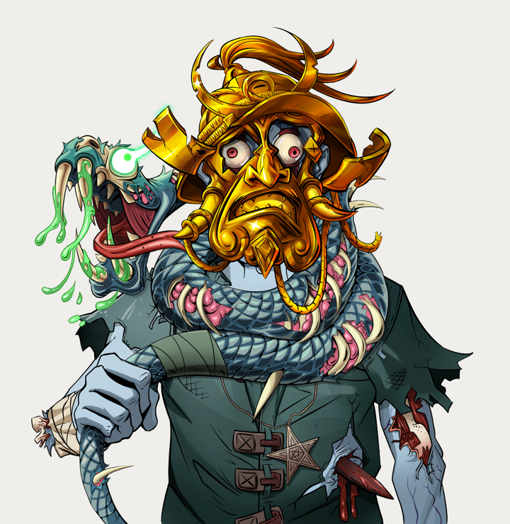 Drooling Azuma — Degen Dojo NFT art (Shirtless Runt, Warm Grey, Demons, Dirty Peasant Rags, Drooling Azuma, Mint, Golden Kabuto, Enchanted Snake)