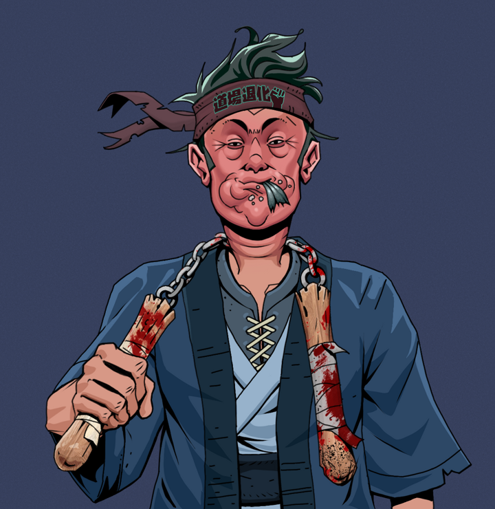 Fatty Bobsticks — Degen Dojo NFT art (Shirtless Runt, Blue Evening, Degens, Blue Warrior Kimono, Fatty Bobsticks, Degen Dojo Headband, Bloody Nunchucks, Mint)