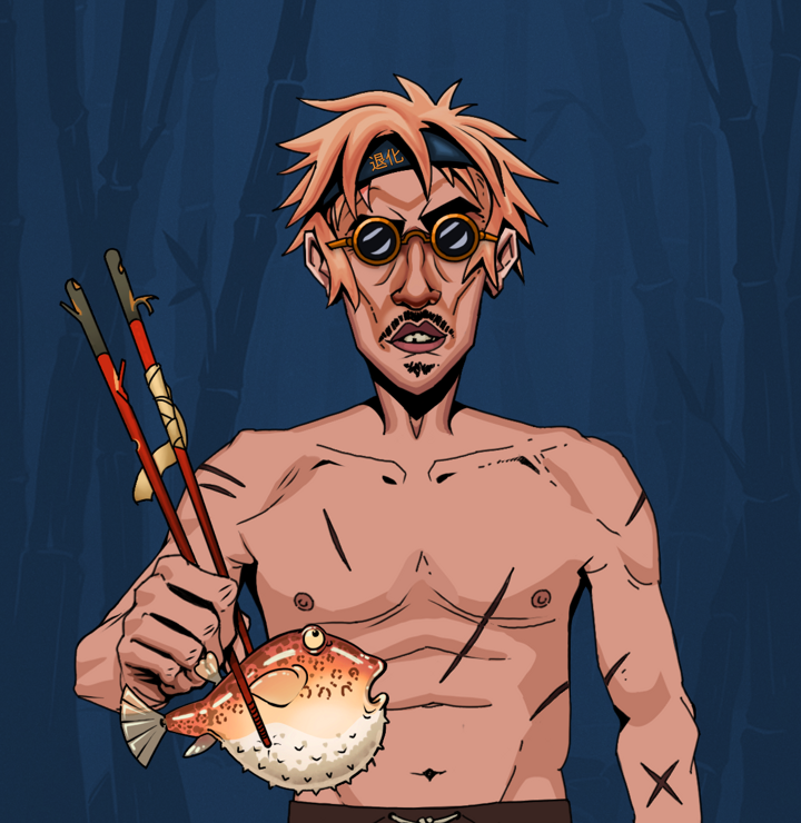 Gloomy Masumi — Degen Dojo NFT art (Shirtless Runt, Night Forest, Degens, Battle Scars, Gloomy Masumi, Dark Spectacles, Tiger Headband Ruffian, Frightened Fugu, Mint)