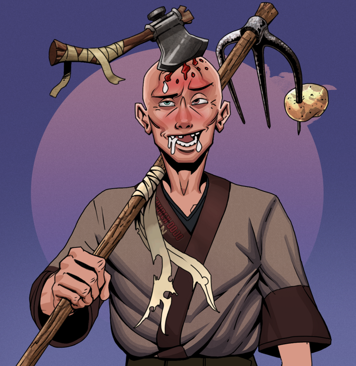 Yuuki — Degen Dojo NFT art (Shirtless Runt, Purple Night, Degens, Degen Dojo Kimono, Yuuki, Splitting Axe Ache, Farmers Hoe, Mint)