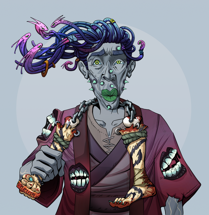 Gloomy Masumi — Degen Dojo NFT art (Shirtless Runt, Grey Mist, Demons, Red Warrior Kimono, Gloomy Masumi, Flowing Dreads, Bloody Nunchucks, Mint)